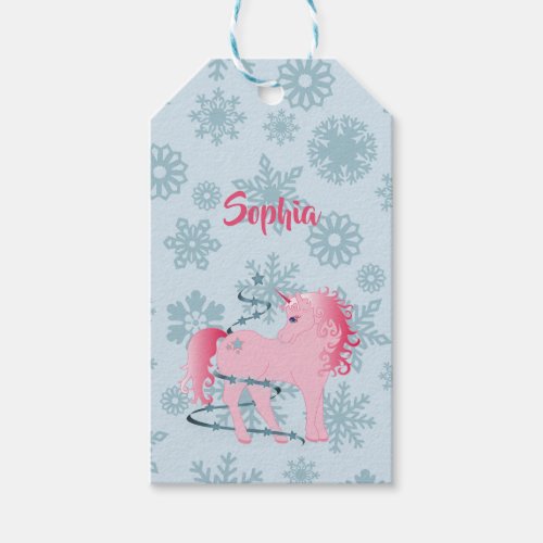 Christmas Snowflake Cute Unicorn Blue Pink Gift Tags