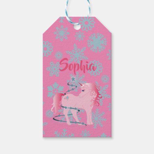 Christmas Snowflake Cute Unicorn Pink Gift Tags