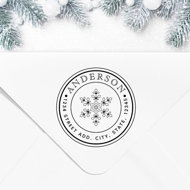 Christmas Snowflake Family Name Circular Address Rubber Stamp (Creator Uploaded)