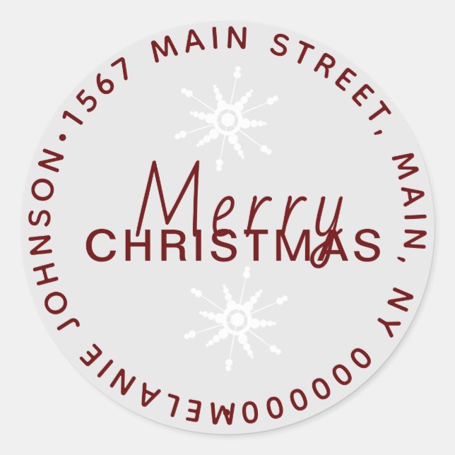 Christmas Snowflake Gray White Family Address Classic Round Sticker (Front)