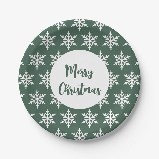 Christmas Snowflake Green Minimalist Holiday Party Paper Plates (Front)