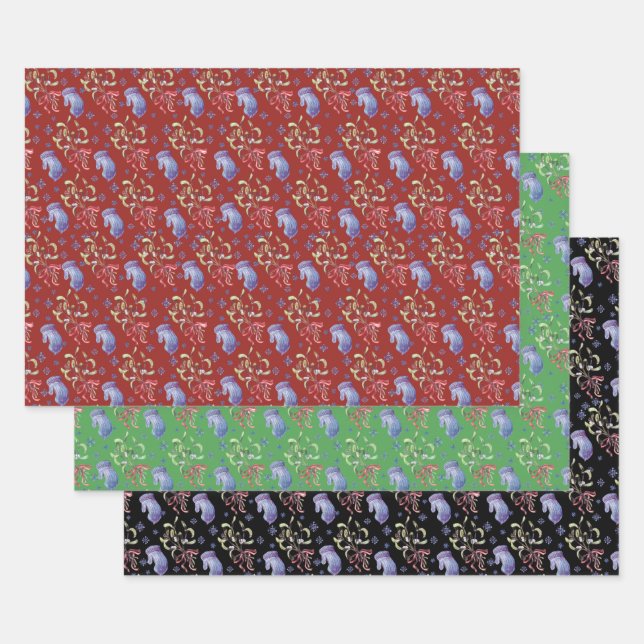 Christmas Snowflake, Mittens and Mistletoe Pattern Wrapping Paper Sheets (Set)