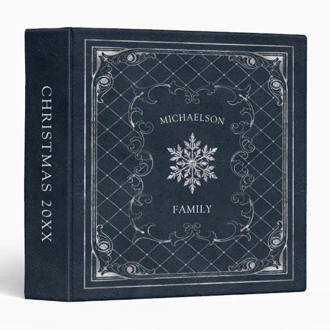 Christmas Snowflake Monogram Blue Leather 3 Ring Binder (Front/Spine)