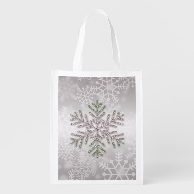 Christmas Snowflake Multicolor Glitter Reusable Grocery Bag (Front)