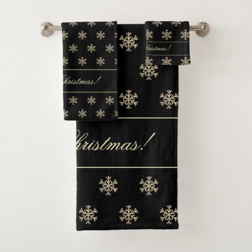 Christmas Snowflake Pattern Elegant Black and Gold Bath Towel Set