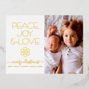 Christmas Snowflake Peace Joy Love Photo Real Gold Foil Holiday Postcard