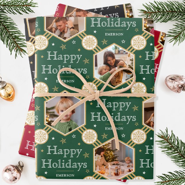 Christmas Snowflake Photo Green Red Black 3 Wrapping Paper Sheets (Creator Uploaded)
