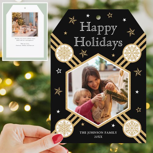 Christmas Snowflake Photo Name Black Flat Tag Holiday Card