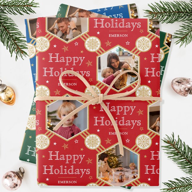 Christmas Snowflake Photo Red Green Blue 3 Wrapping Paper Sheets (Creator Uploaded)