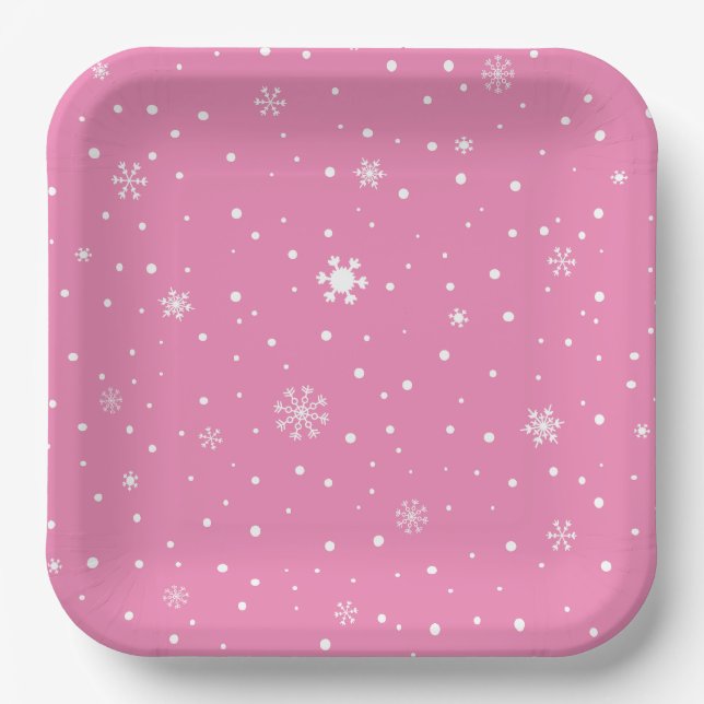Christmas snowflake pink and white polka dot paper plates (Front)