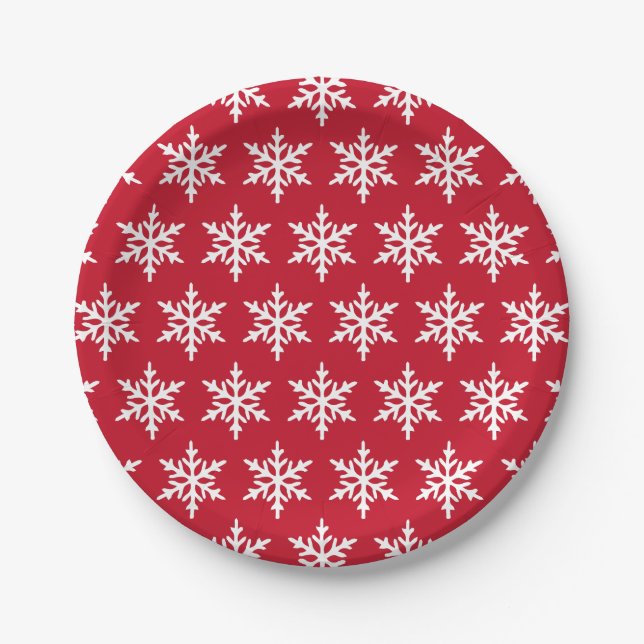 Christmas Snowflake Red Minimalist Holiday Party Paper Plates (Front)