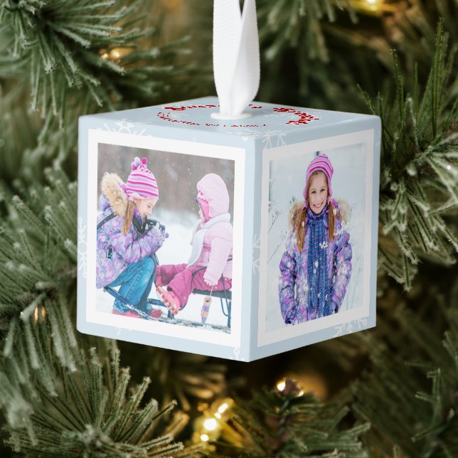Christmas Snowflake Season's Greetings Photo Cube Ornament (Tree)