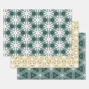 Christmas Snowflake Star Gold Green Luxury Pattern Wrapping Paper Sheets