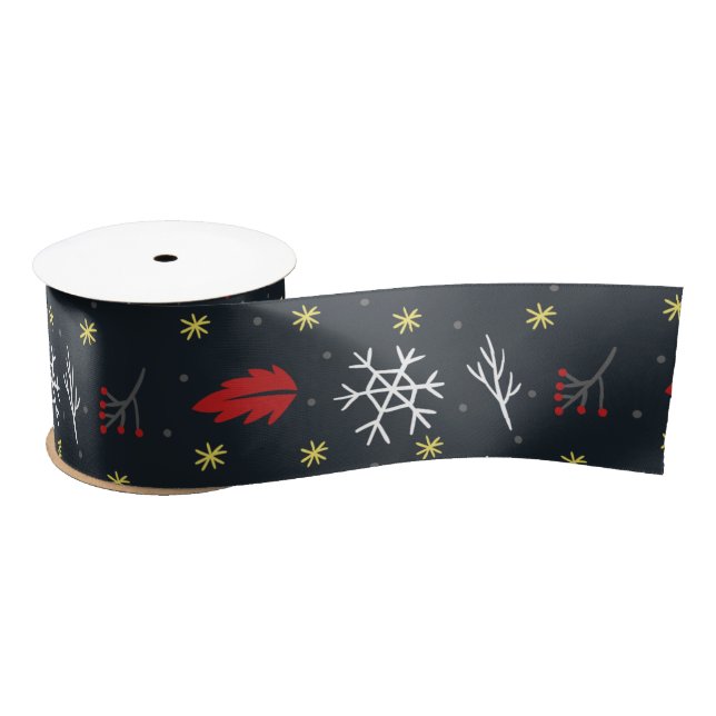 Christmas Snowflakes and Leaves with Black Back   Satin Ribbon (Spool)