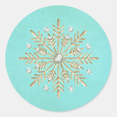 Christmas Snowflakes Aqua  Gold Classic Round Sticker