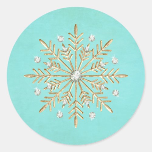 Christmas Snowflakes Aqua  Gold Classic Round Sticker