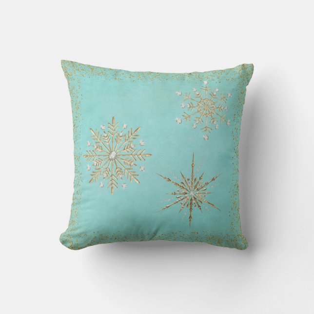 Christmas Snowflakes Aqua & Gold Glitter Throw Pillow (Front)