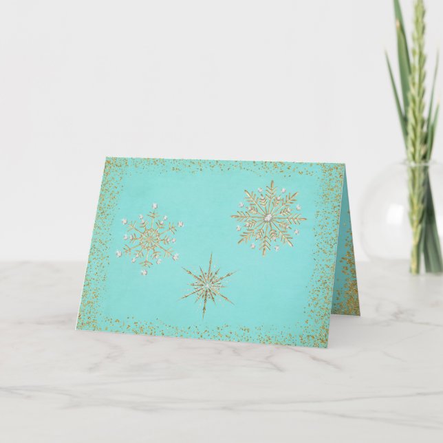 Christmas Snowflakes Aqua & Gold Holiday Card (Front)
