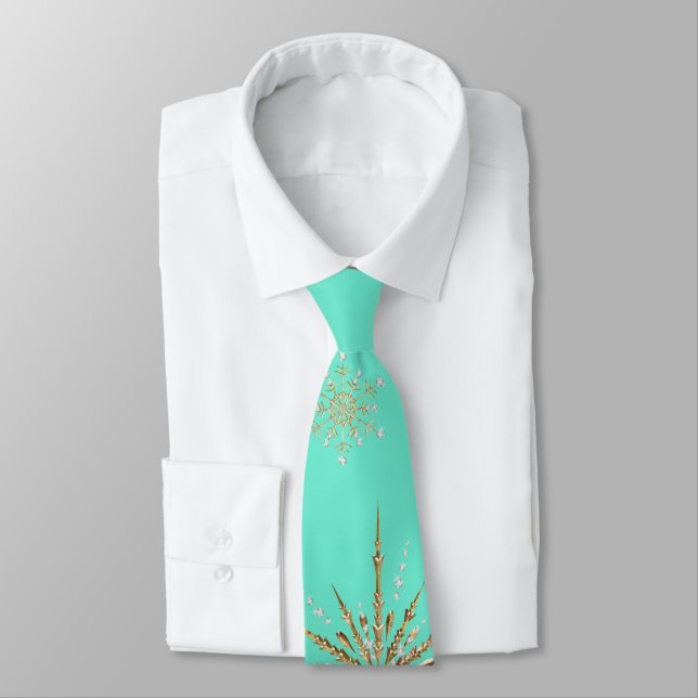 Christmas Snowflakes Aqua & Gold Holiday Neck Tie (Tied)