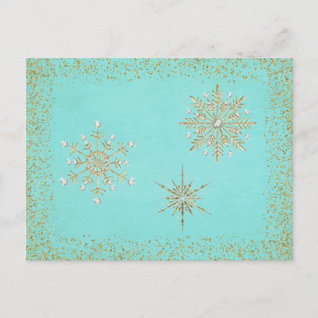 Christmas Snowflakes Aqua & Gold Holiday Postcard (Front)