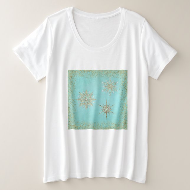 Christmas Snowflakes Aqua & Gold Plus Size T-Shirt (Design Front)