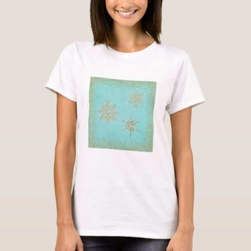 Christmas Snowflakes Aqua  Gold T_Shirt