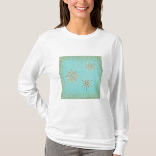 Christmas Snowflakes Aqua  Gold T_Shirt