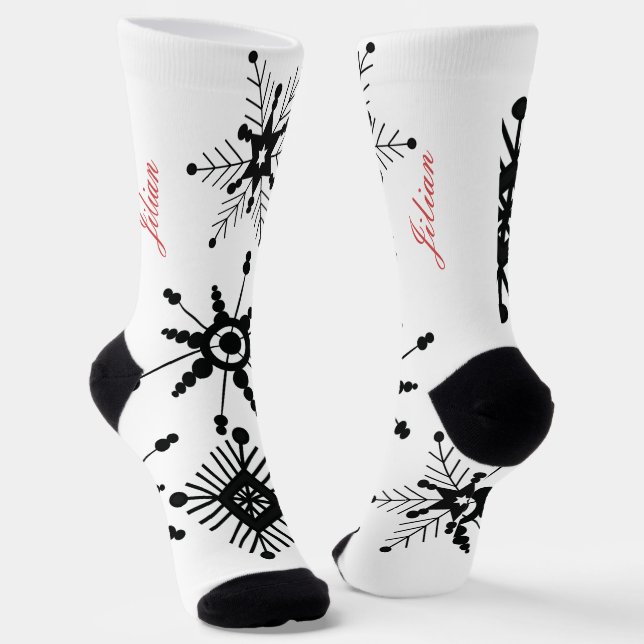 Christmas Snowflakes Black Script Name Red Socks (Angled)