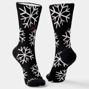 Christmas Snowflakes Black White Script Name Socks