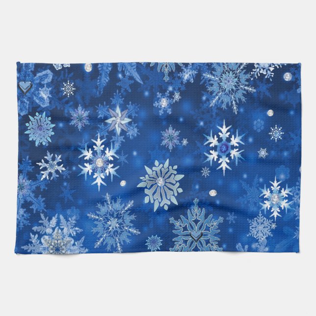 Christmas Snowflakes Blue and Silver Kitchen Towel (Horizontal)