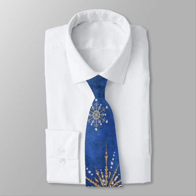 Christmas Snowflakes Blue & Gold Holiday Neck Tie (Tied)
