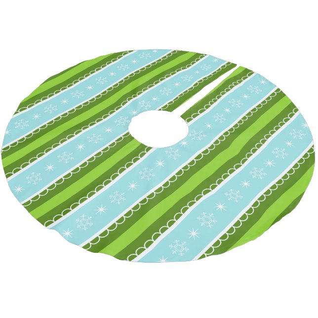 Christmas Snowflakes Blue & Green Stripe Pattern Brushed Polyester Tree Skirt (Angled)