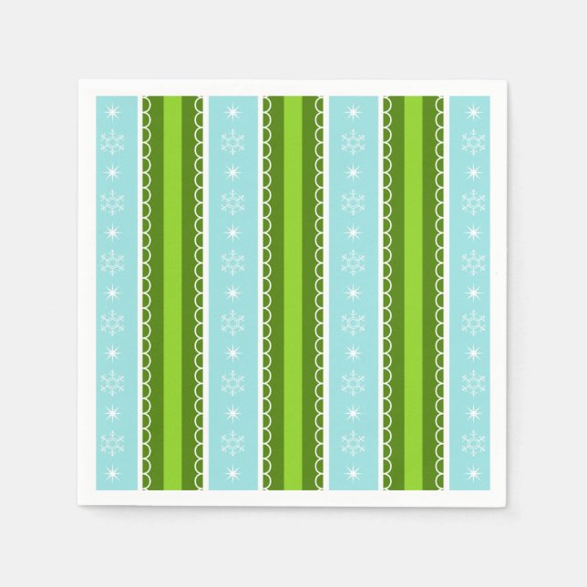 Christmas Snowflakes Blue & Green Stripe Pattern Napkins (Front)