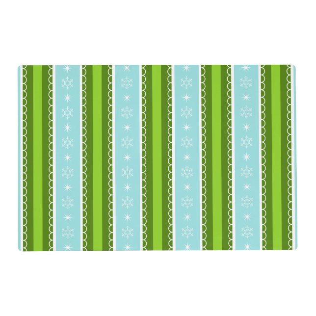 Christmas Snowflakes Blue & Green Stripe Pattern Placemat (Front)