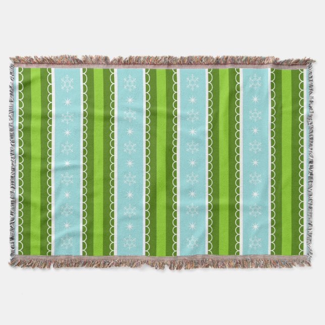 Christmas Snowflakes Blue & Green Stripe Pattern Throw Blanket (Front)