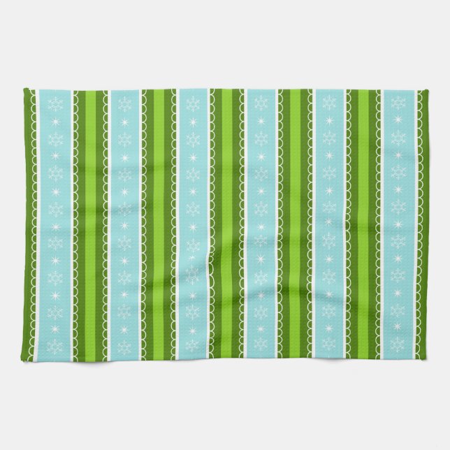 Christmas Snowflakes Blue & Green Stripe Pattern Towel (Horizontal)