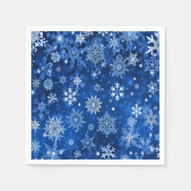 Christmas Snowflakes Blue & Silver Paper Napkins (Front)