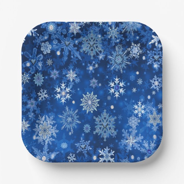 Christmas Snowflakes Blue & Silver Paper Napkins Paper Plates (Front)