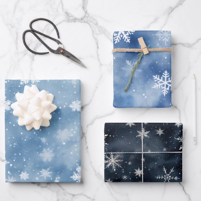 Christmas Snowflakes Blue Sky Wrapping Paper Sheets (Front)