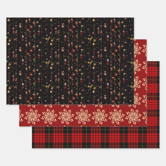 Christmas Snowflakes Bright Stars Red Tartan Plaid Wrapping Paper ...