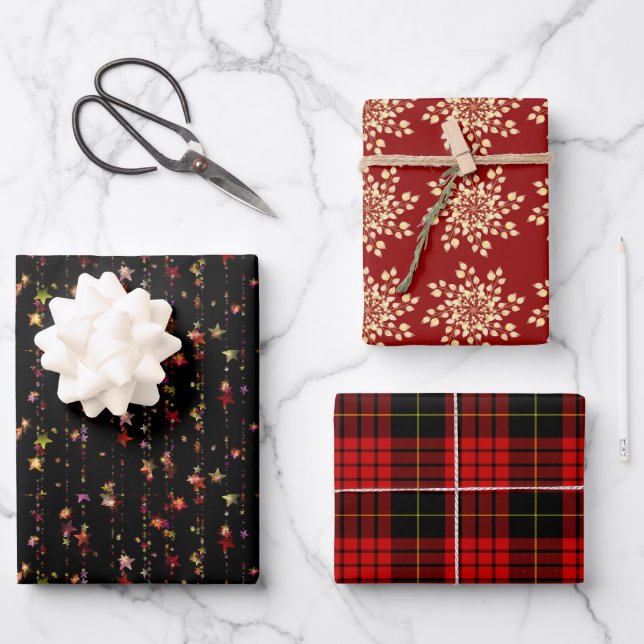 Christmas Snowflakes Bright Stars Red Tartan Plaid Wrapping Paper Sheets (Front)