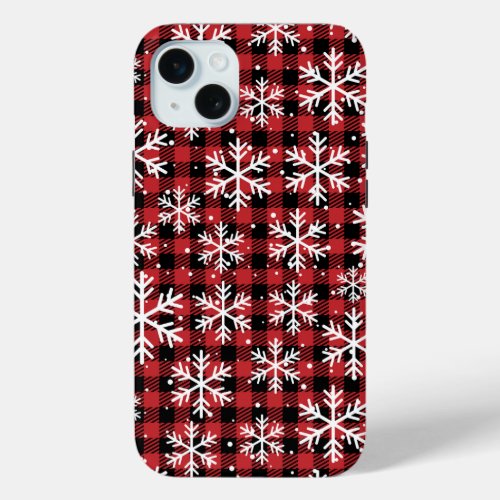 Christmas Snowflakes Buffalo Plaid Pattern  iPhone 15 Plus Case
