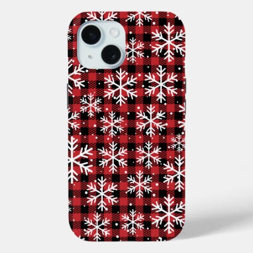Christmas Snowflakes Buffalo Plaid Pattern  iPhone 15 Case