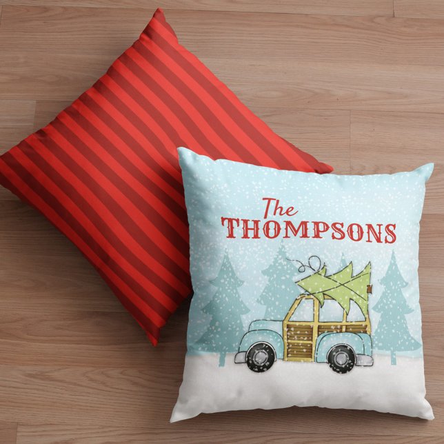 Christmas Snowflakes Car Cute Personalized Custom Throw Pillow (Whimsical Christmas holiday Woodie car throw pillow)