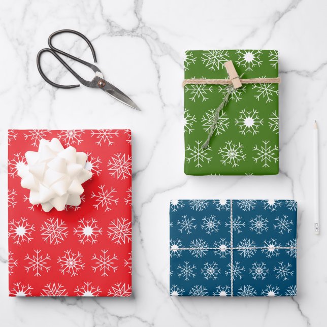 Christmas Snowflakes, Classic Red Green Blue White Wrapping Paper Sheets (Front)