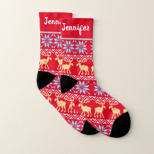  Christmas Snowflakes Elk Nordic Red Pattern  Socks
