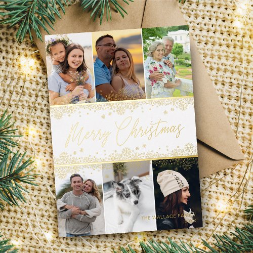 Christmas Snowflakes Fancy Modern Collage 6 Photos Foil Holiday Card