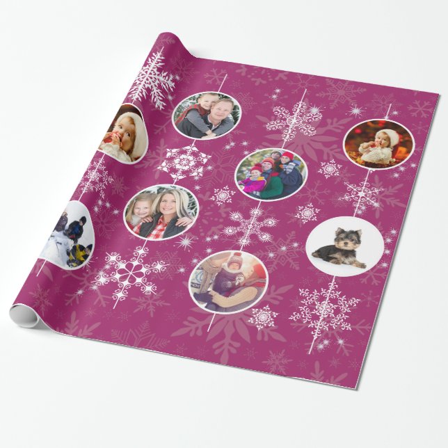 Christmas Snowflakes Favorite Family Photo Fuchsia Wrapping Paper (Unrolled)