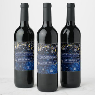Christmas Snowflakes Gold Stars Sparkle Navy Blue Wine Label