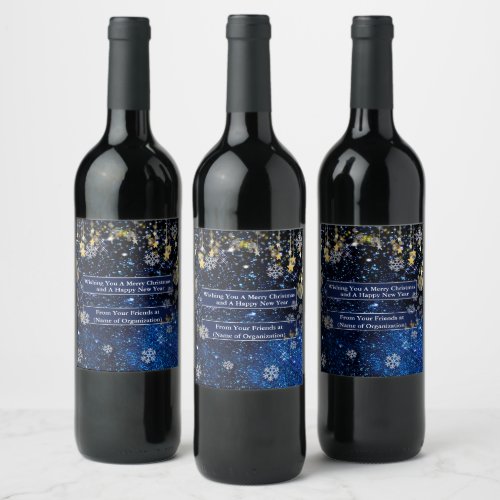 Christmas Snowflakes Gold Stars Sparkle Navy Blue Wine Label